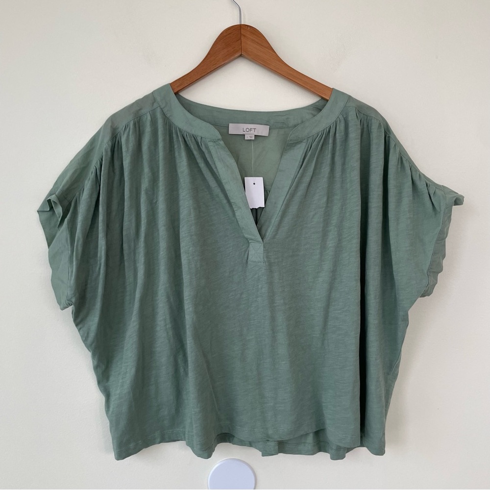 NWT LOFT Split Neck Mixed Media Top L Large in Bay Green 100% Cotton - Picture 4 of 10